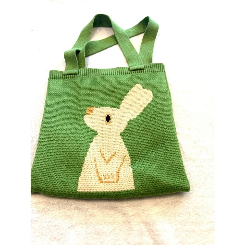 Green Knit Bunny Tote Bag Intarsia Rabbit Reusable Shopper Shoulder Bag